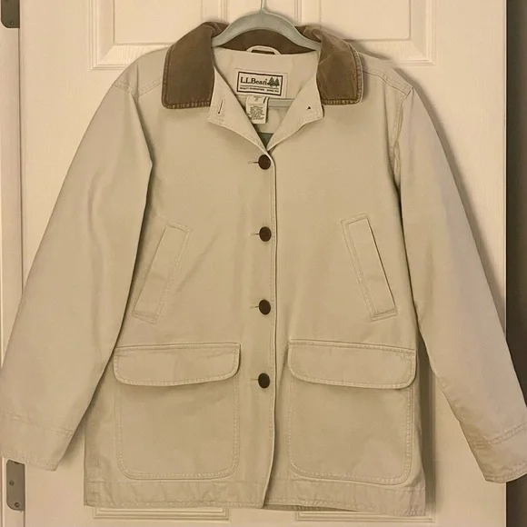 Vintage L.L. Bean Women's Beige Utility Jacket with Brown Corduroy Collar - Picture 1 of 4
